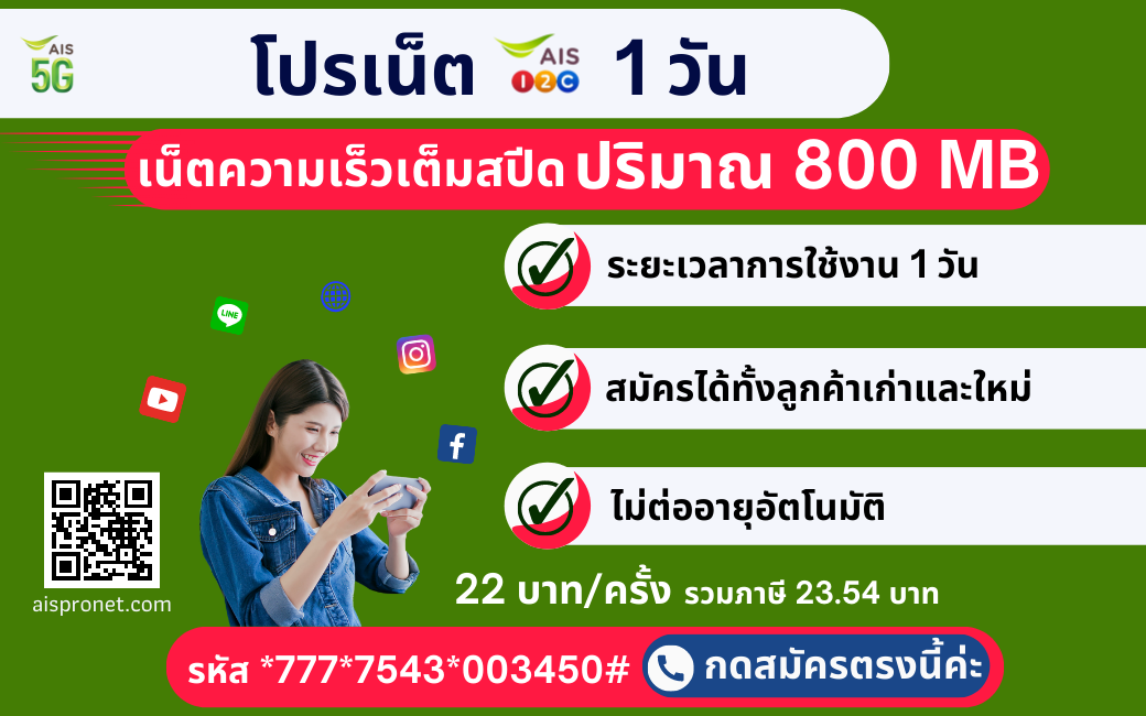 โปรเน็ต AIS 5G 1 วัน / 22 บ.