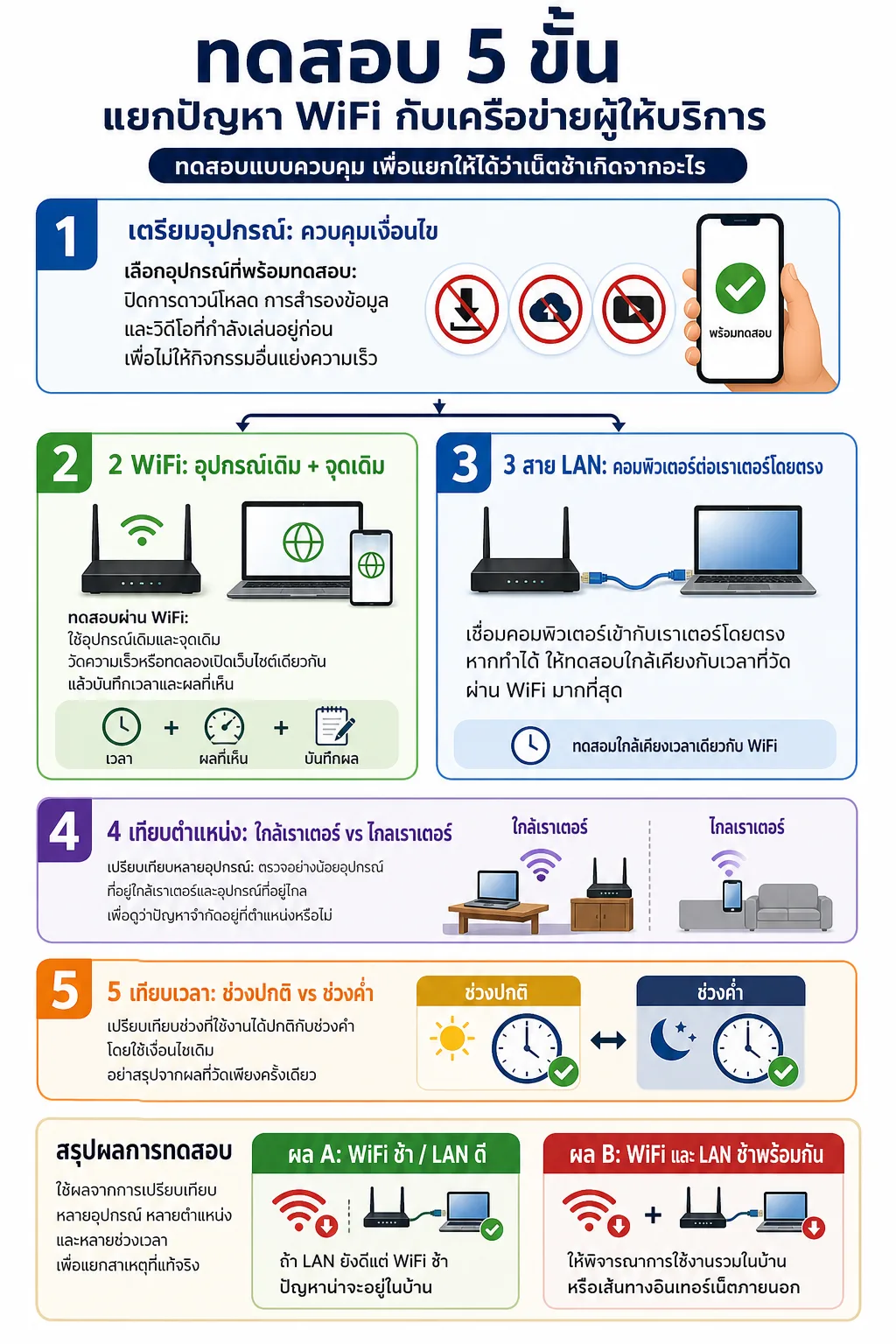 WiFi ช้า — จัดเป็นลำดับขั้นแนวตั้ง 1–5 บนมือถือ โดยให้ขั้น 1 เป็นการควบคุมเงื่อนไข จากนั้นแยกการทดสอบเป